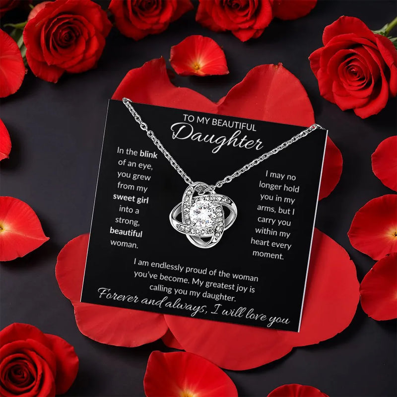 CZ Crystal Pendant Necklace, Daughter Love Knot Necklace, White Yellow Gold Finish Jewelry, Birthday Christmas Present Necklace for Daughter