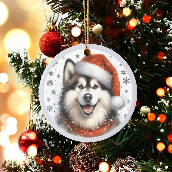 Santa Hat Malamute Dog Ornament, Alaskan Malamute Christmas Ornament, Ceramic Pet Holiday Ornament, Winter Dog Lover Keepsake