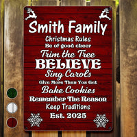 Custom Holiday Family Metal Sign, Personalized Christmas Rules Metal Sign, Winter Farmhouse Decor, Xmas Living Room Art