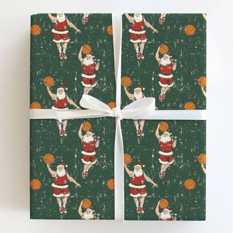 Dark Green Sports Christmas Gift Wrap, Retro Basketball Santa Wrapping Paper, Dribbling Santa Holiday Wrapping Paper, Xmas Wrapping Paper