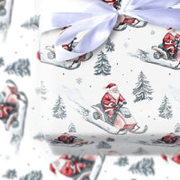 Winter Forest Holiday Gift Wrap, Santa Riding Snowmobile Wrapping Paper, Watercolor Snowmobile Paper, Christmas Present Wrapping Paper