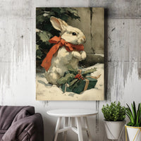 Winter Bunny Red Bow Holly Canvas Print, Vintage Christmas Rabbit Canvas, Rustic Holiday Bunny Wall Art, Farmhouse Xmas Decor Present
