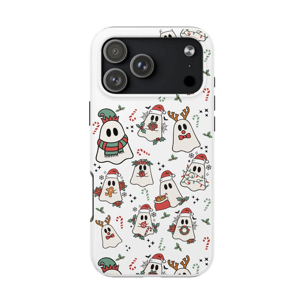 Adorable Festive Santa Hat Ghosts Pattern Cover, Christmas Ghost Phone Case iPhone, Spooky Season Xmas Holiday Tough iPhone C