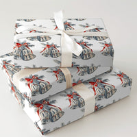 Red Ribbon Christmas Gift Wrap, Vintage Silver Bells Wrapping Paper, Watercolor Holiday Bells Wrapping Paper