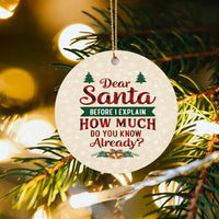 Humorous Christmas Quote Ornament, Dear Santa Before I Explain Ornament, Humorous Holiday Tree Ornament, Ceramic Circle Keepsake Decor Present