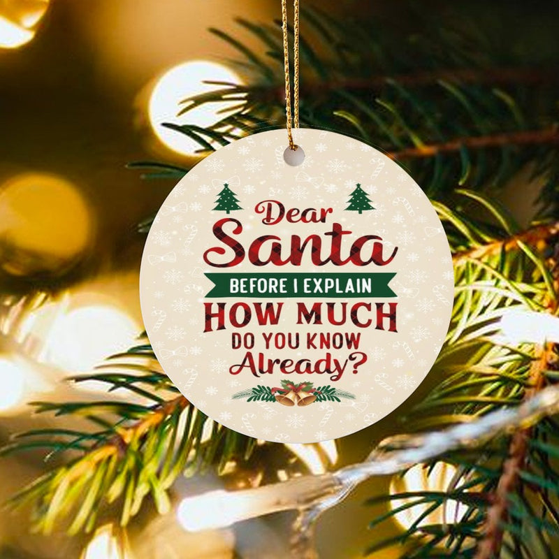 Humorous Christmas Quote Ornament, Dear Santa Before I Explain Ornament, Humorous Holiday Tree Ornament, Ceramic Circle Keepsake Decor Present