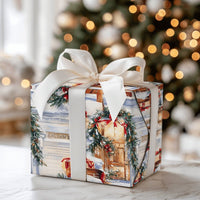 Winter Sled Holiday Gift Wrap, Snowy Front Porch Christmas Wrapping Paper, Rustic Cottage Porch Wrapping Paper, Festive Winter Gift Wrap