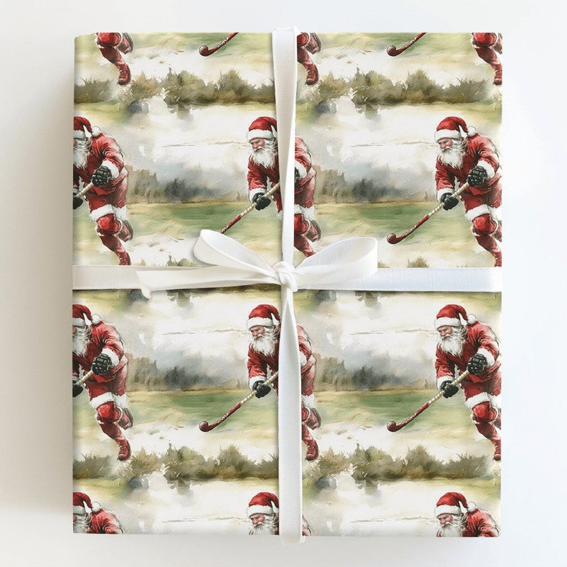Ice Skating Santa Holiday Gift Wrap, Hockey Santa Christmas Wrapping Paper, Sports Christmas Wrapping Paper, Ice Hockey Player Present Paper