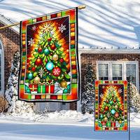 Festive Holiday Yard Flag, Stained Glass Christmas Tree Garden Flag, Double Sided Winter Lawn Flag, Seasonal Outdoor Decor