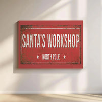 North Pole Christmas Canvas Print, Santas Workshop Canvas Wall Art, Vintage Holiday Sign Canvas Art, Rustic Winter Wall Decor Canvas