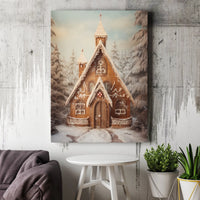 Winter Forest Holiday Painting, Gingerbread Church Christmas Canvas Wall Art, Festive Christmas Village Decor Digital Download