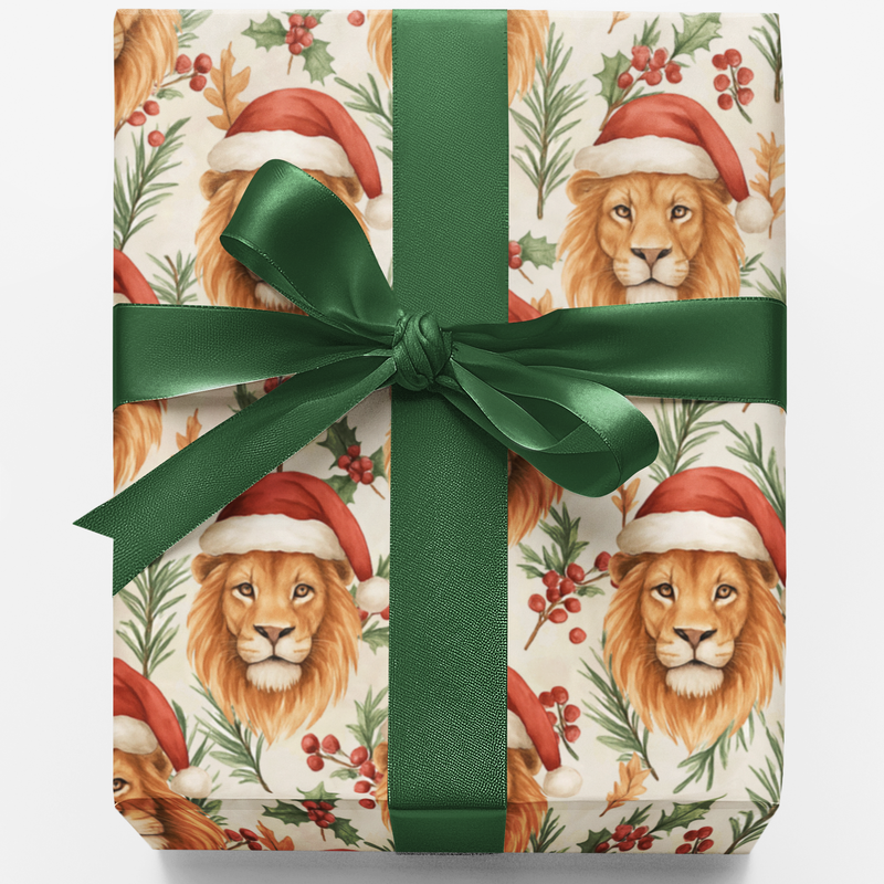 Santa Hat Safari Gift Wrap, Lion Christmas Wrapping Paper, Festive Wildlife Wrapping Paper, Adorable Animal Present Wrap, Holiday Xmas Present Roll