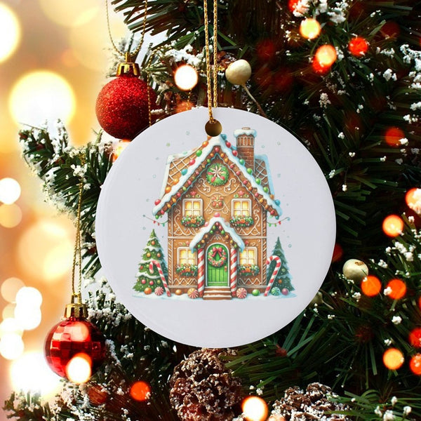 Candy Cane Holiday Tree Ornament, Gingerbread House Christmas Ornament, Festive Ceramic Ornament, Sweet Treats Winter Decor, 