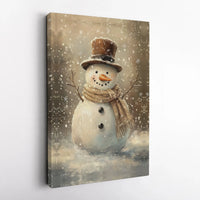 Winter Holiday Painting Canvas Print, Vintage Snowman Canvas Wall Art, Christmas Snowman with Top Hat Wall Decor, Rustic Holiday Wall Art