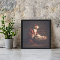 Religious Nativity Christmas Canvas Print, Santa Kneeling at Manger Canvas Wall Art, Holy Family Holiday Canvas, Christian Present