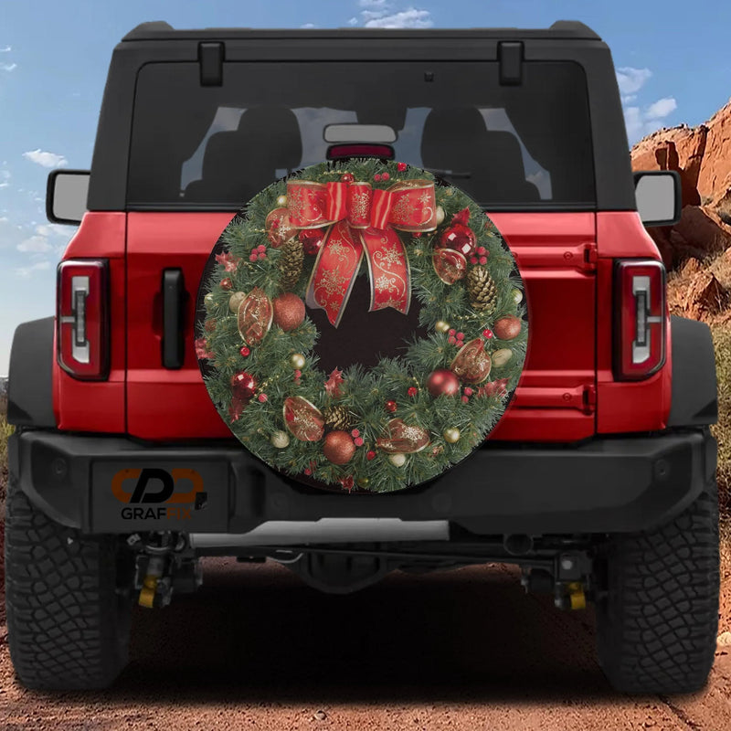 Red Bow Evergreen Tire Cover, Christmas Wreath Spare Tire Cover, Holiday Spare Tire Cover, Jeep Bronco SUV RV Cover, Winter Holiday Present