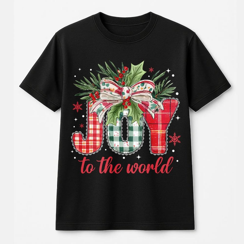 Plaid Festive Holiday Graphic Tee, Joy to the World Christmas T-Shirt, Christian Faith Xmas Shirt, Joyful Religious Holiday T-Shirt Present