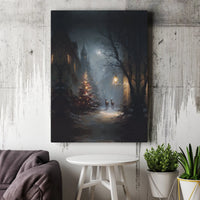 Whimsical Winter Deer Scene Print, Snowy Christmas Village Canvas Wall Art, Glowing Tree Decor, Holiday Canvas Wall Art