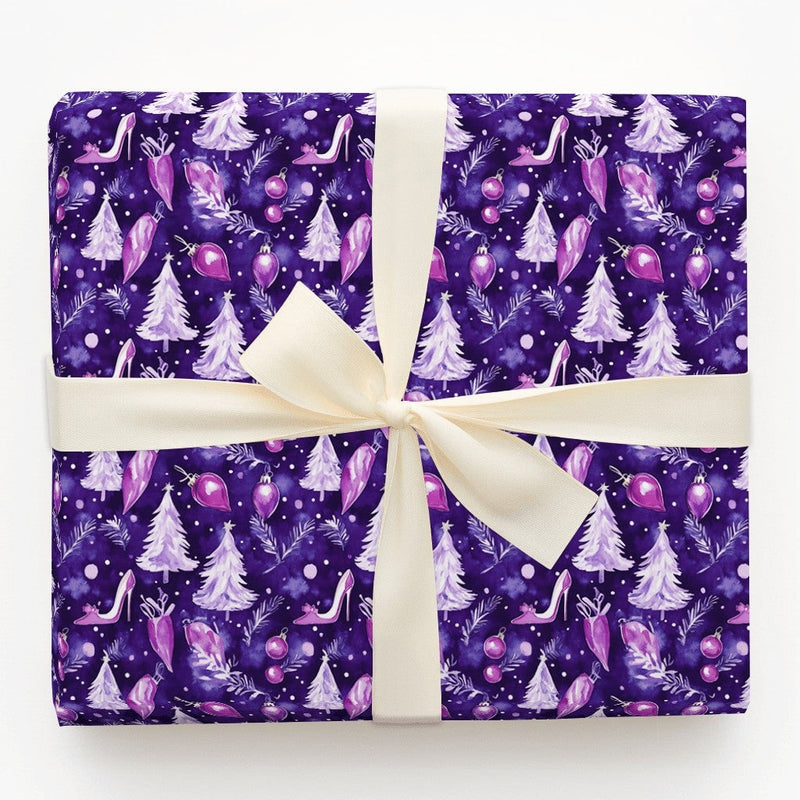 Christmas Shoe Holiday Gift Wrap, Purple High Heel Wrapping Paper, Chic Fashion Tree Wrapping Paper, Glam Winter Present Gift Wrap
