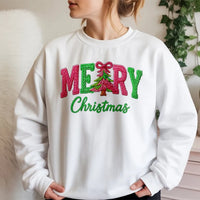 Faux Knitted Yarn Sweater, Merry Christmas Sweatshirt, Vintage Christmas Tree Crewneck, Festive Holiday Pullover, Christmas Present for Family