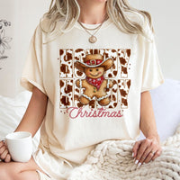 Cow Print Gingerbread Man Shirt, Howdy Christmas T-Shirt, Retro Western Holiday Graphic Tee, Adorable Christmas Tee, Xmas Cowgirl Present