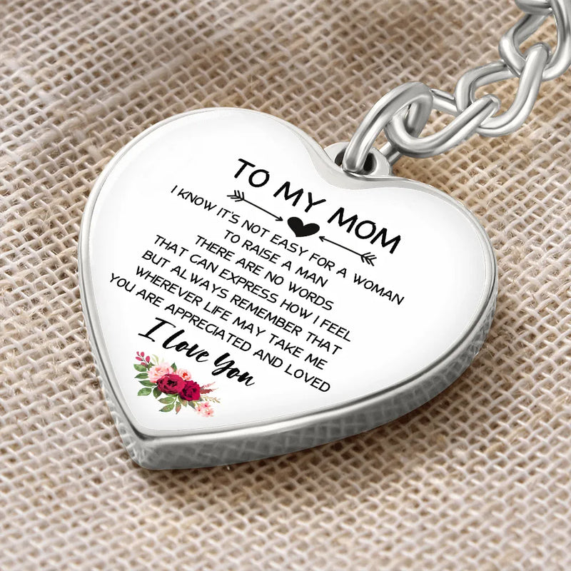 Sentimental Message Heart Charm Keyring from Son, To My Mom Heart Keychain, Surgical Steel Mom Keychain, Christmas Birthday Present for Mother