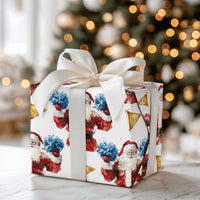 Watercolor Cheer Santa Gift Wrap, Cheerleader Santa Wrapping Paper, Blue Pom Pom Santa Christmas Paper, Adorable Whimsical Holiday Wrap Roll