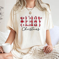 Red Plaid Buffalo Check Holiday Tee, Merry Christmas T-Shirt, Vintage Festive Typography Graphic Shirt, Comfy Xmas Apparel Present