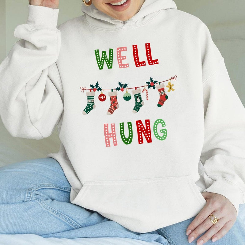 Humorous Innuendo Holiday Hoodie, Well Hung Christmas Hoodie, Naughty Xmas Graphic Hoodie, Adult Humor Winter Sweatshirt, Novelty Holiday Present