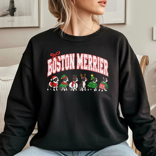Boston Terrier Christmas Crewneck, Boston Merrier Sweatshirt, Humorous Dog Holiday Sweater, Boston Terrier Pullover, Dog Love