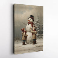 Nostalgic Winter Scene Canvas Print, Vintage Children Building Snowman Canvas Wall Art, Christmas Holiday Canvas Decor