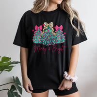 Leopard Bow Christmas Trees Tee, Merry and Bright Christmas Tree Shirt, Pink Christmas Holiday T-Shirt, Womens Xmas Graphic Tee
