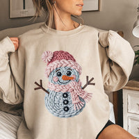 Faux Crochet Snowman Crewneck, Christmas Snowman Sweatshirt, Adorable Knit Aesthetic Holiday Sweater, Comfy Winter Snowman Pullover Present