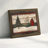 Snowy Christmas Tree Canvas Print, Rustic Red Barn Winter Canvas Art, Farmhouse Holiday Wall Decor, Winter Landscape Canvas Wall Art Present