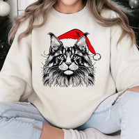 Santa Hat Cat Holiday Crewneck, Maine Coon Christmas Sweatshirt, Festive Adorable Kitten Pullover, Comfy Xmas Sweater for Cat Lovers