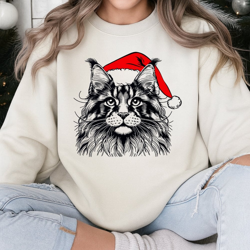 Santa Hat Cat Holiday Crewneck, Maine Coon Christmas Sweatshirt, Festive Adorable Kitten Pullover, Comfy Xmas Sweater for Cat Lovers