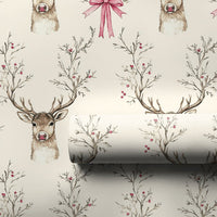 Pink Bow and Berry Branch Gift Wrap, Watercolor Reindeer Wrapping Paper, Rustic Holiday Deer Wrapping Paper, Elegant Christmas Gift Wrap