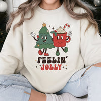 Retro Holiday Tree Sweatshirt, Feelin' Jolly Christmas Sweatshirt, Adorable Hot Cocoa Graphic Crewneck, Vintage Christmas Sweatshirt, Xmas Present