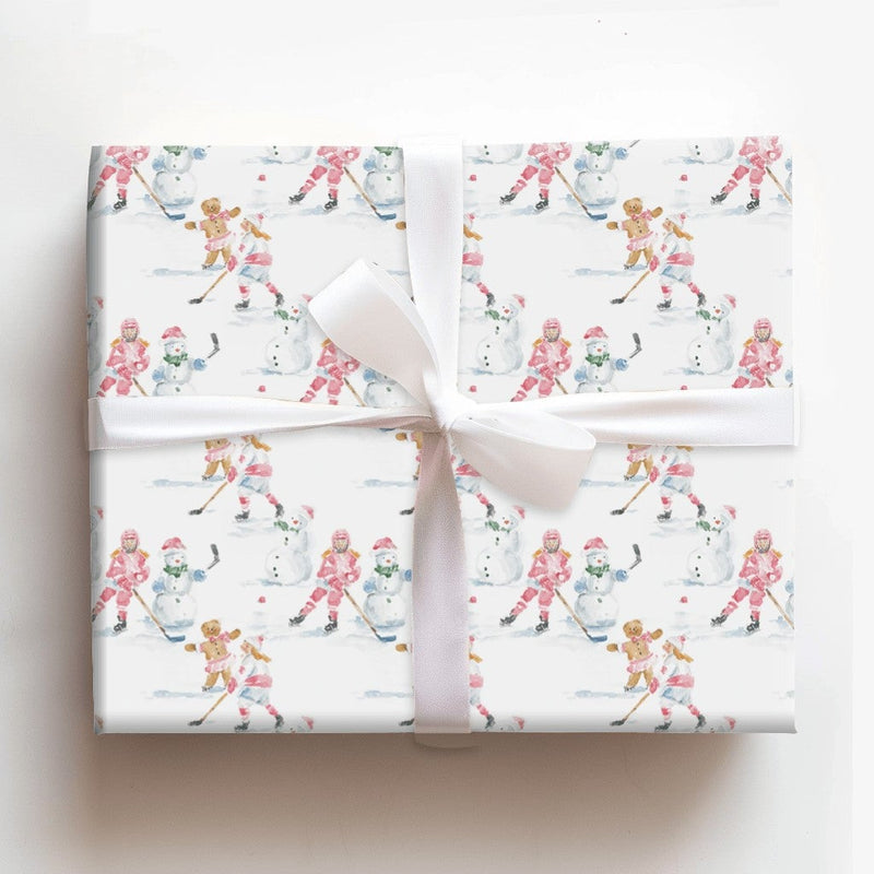 Gingerbread Holiday Gift Wrap, Pink Hockey Girls Snowman Wrapping Paper, Winter Sports Paper, Christmas Present Wrapping Paper, Girls Hockey