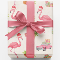 Flamingo Palm Tree Holiday Gift Wrap, Tropical Christmas Wrapping Paper, Coastal Beachy Present Paper, Festive Summer Xmas Gift Wrap