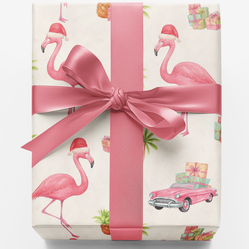 Flamingo Palm Tree Holiday Gift Wrap, Tropical Christmas Wrapping Paper, Coastal Beachy Present Paper, Festive Summer Xmas Gift Wrap