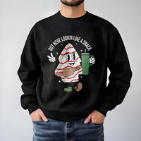 Lookin Like A Snack Sweater, Christmas Tree Cake Sweatshirt, Humorous Holiday Snack Graphic Crewneck, Retro Xmas Tree Cake Present Sweatshirt