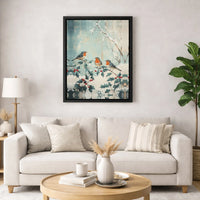 Snowy Holly Branch Christmas Painting, Winter Robin Canvas Wall Art, Festive Holiday Bird Canvas Print, Seasonal Xmas Decor Poster