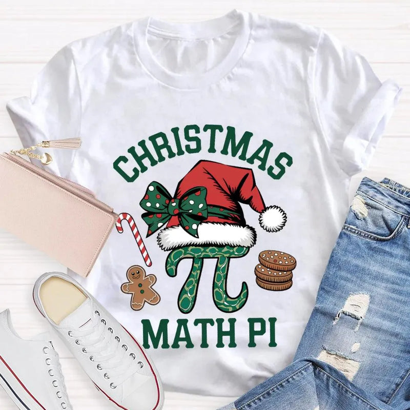 Humorous Math Teacher Holiday Shirt, Pi Symbol Santa Hat Christmas T-Shirt, Christmas STEM Graphic Tee, Math Lover Xmas Tee, Teacher Present
