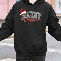 Santa Hat Typography Hooded Sweatshirt, Leopard Print Merry Christmas Hoodie, Adorable Animal Print Holiday Pullover, Festive Cheetah Jumper