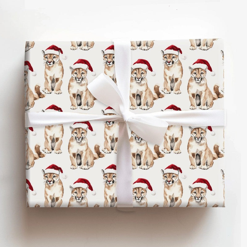 Santa Hat Mountain Lion Gift Wrap, Cougar Christmas Wrapping Paper, Holiday Wildlife Present Paper, Winter Big Cat Christmas Gift Wrap Roll
