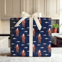 Navy Blue Fisherman Santa Gift Wrap, Fishing Santa Wrapping Paper, Angler Dad Christmas Present Paper, Outdoor Xmas Gift Wrapping Paper