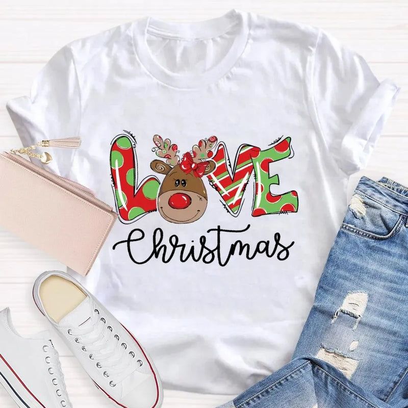 Festive Holiday Love Graphic Tee, Christmas Polka Dot Love Letters Shirt, Adorable Xmas Typography T-Shirt, Womens Christmas Present