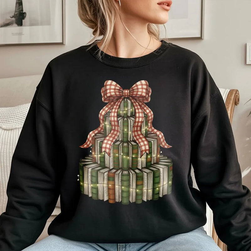 Retro Librarian Holiday Sweater, Christmas Book Tree Sweatshirt, Book Lover Xmas Crewneck, Reading Teacher Present Pullover