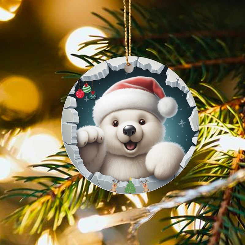 Santa Hat Ice Wall Tree Ornament, Adorable Polar Bear Christmas Ornament, Ceramic Arctic Animal Holiday Ornament, Winter Keepsake Present for Kids